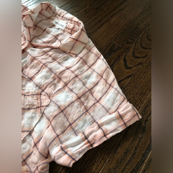 Bella Dahl Women’s S Orange/White Rolled Short-Sleeve Semi-Sheer Button-Down Top - Picture 6 of 9